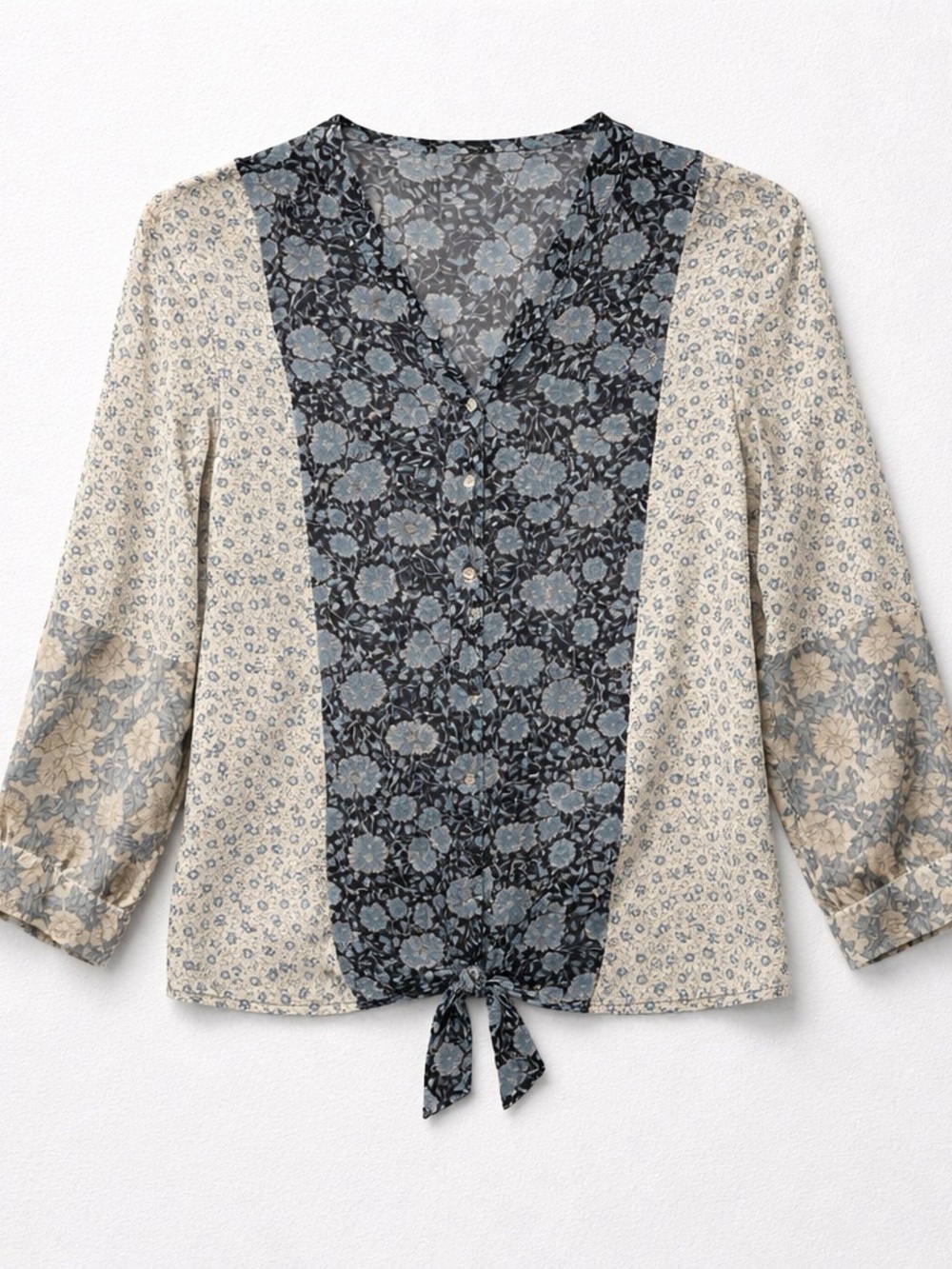 Tie-Front Silk Floral Blouse - Blue/Cream